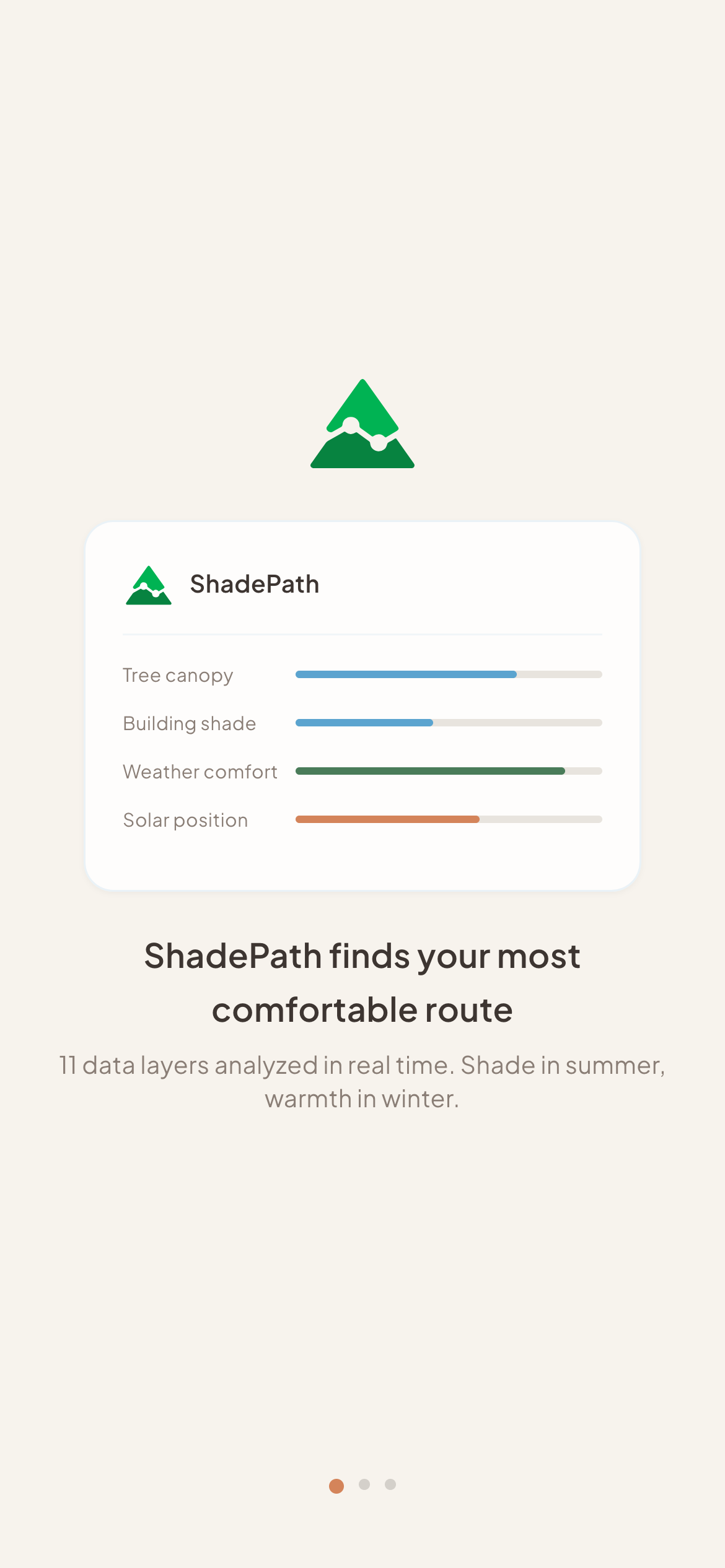 ShadePath app screen showing a comfortable route with its comfort score